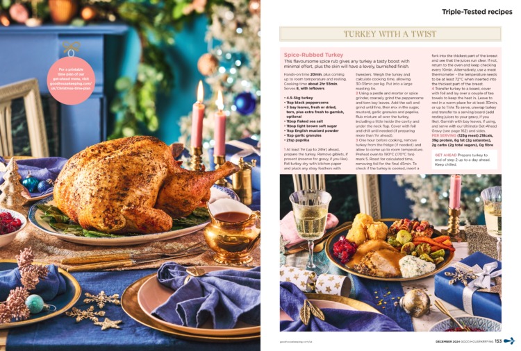 Good Housekeeping Magazine December 2024 Inside Page Turkey with a twist! Spice-Rubbed Turkey